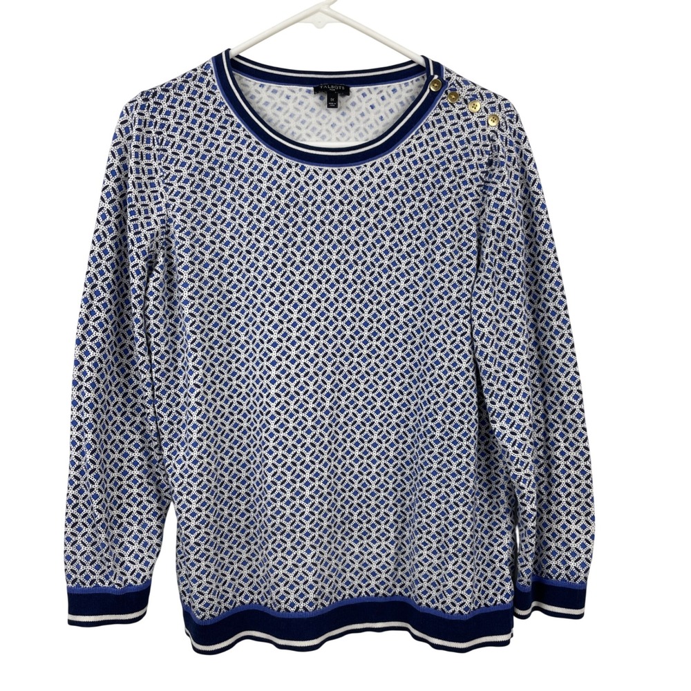 Talbots Plus 1X Blue‎ White Geometric Tile Pattern Button Shoulder Sweater Mens